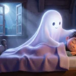 O Fantasminha que Não Sabia Assustar Fantasminha branco e sorridente cobrindo como um lençol um menino que dorme tranquilo na cama, num quarto com a lua cheia na janela