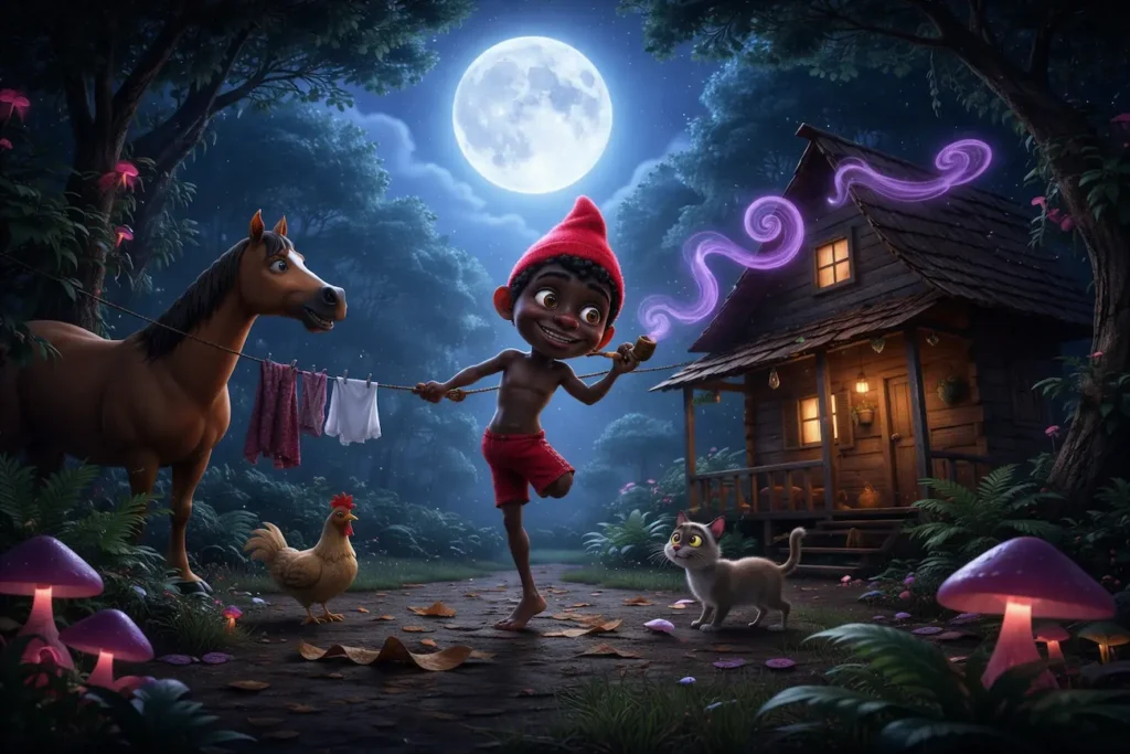 Saci-Pererê de gorro vermelho e cachimbo sorrindo numa noite de lua cheia no quintal de uma fazenda, ao lado de um varal, com um cavalo, um galo e um gato por perto
